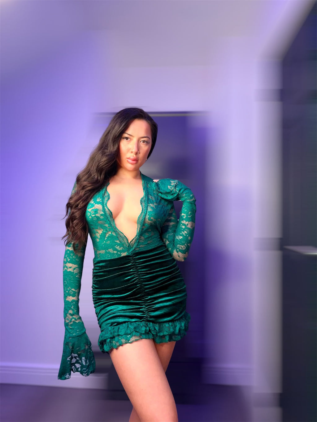 Stunning Green Lace and Velvet Dress