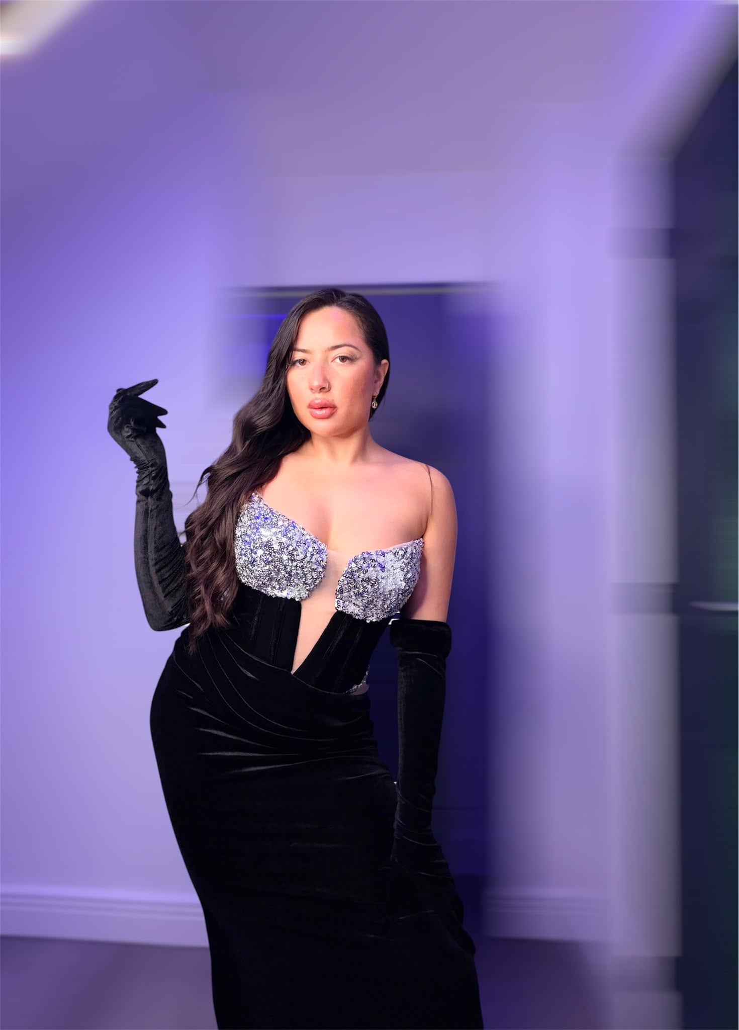Black Velvet Sequin Strapless Gown Dress Size