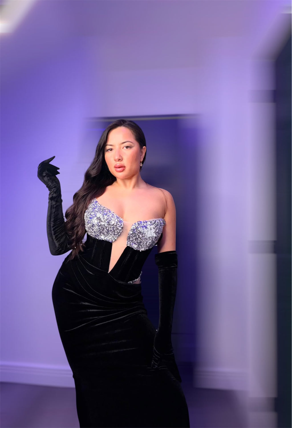 Black Velvet Sequin Strapless Gown Dress Size