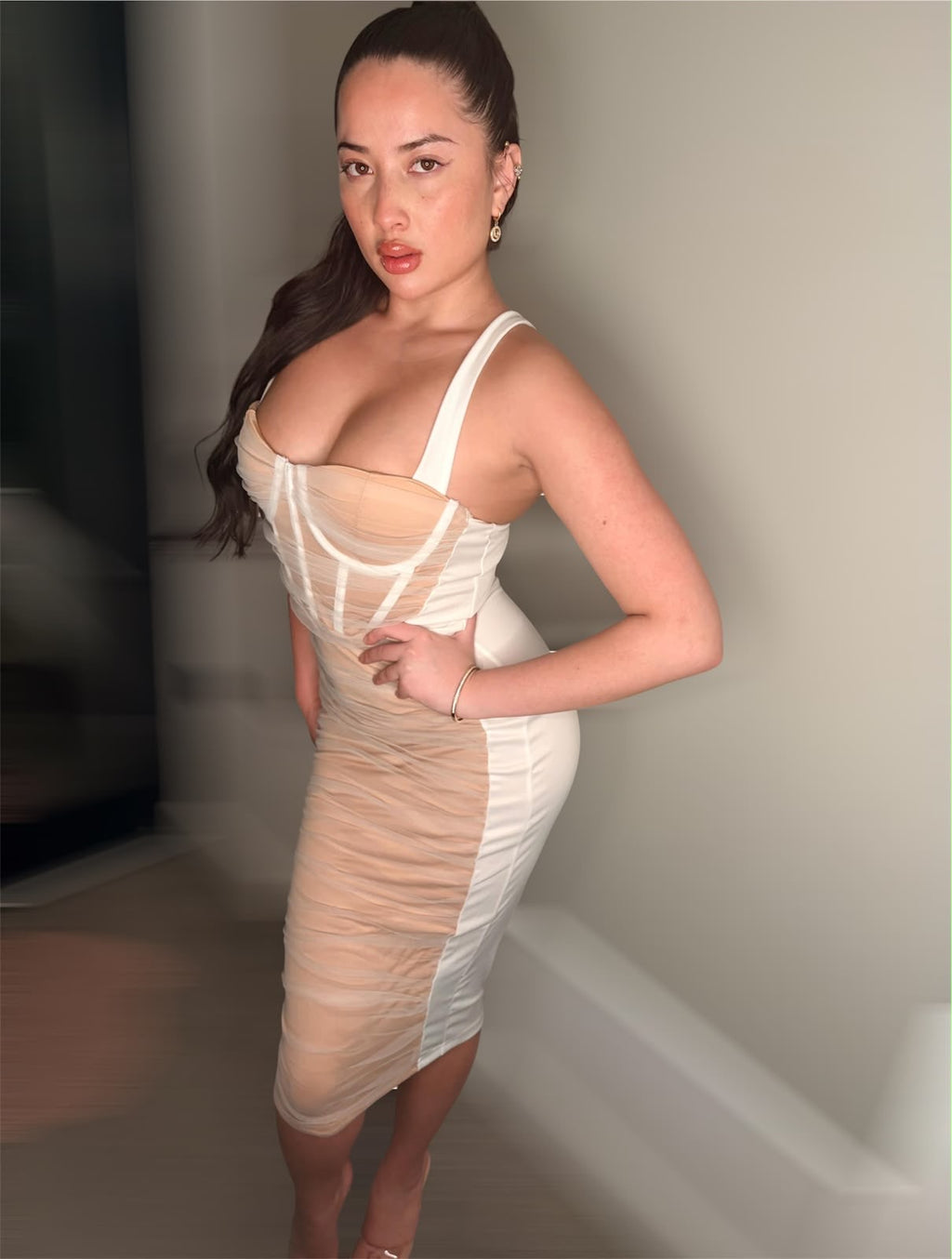White Ruched Midi Dress