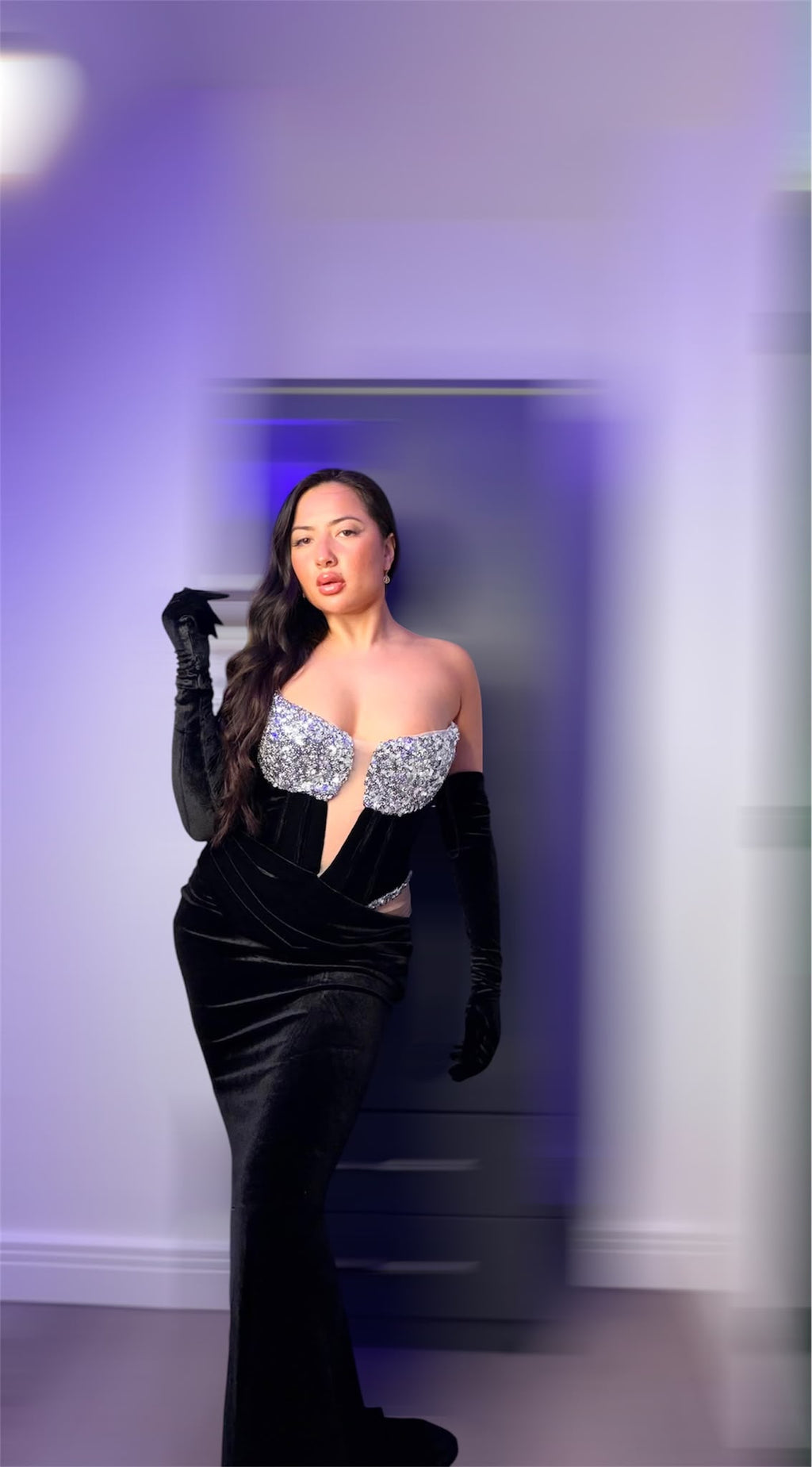Black Velvet Sequin Strapless Gown Dress Size