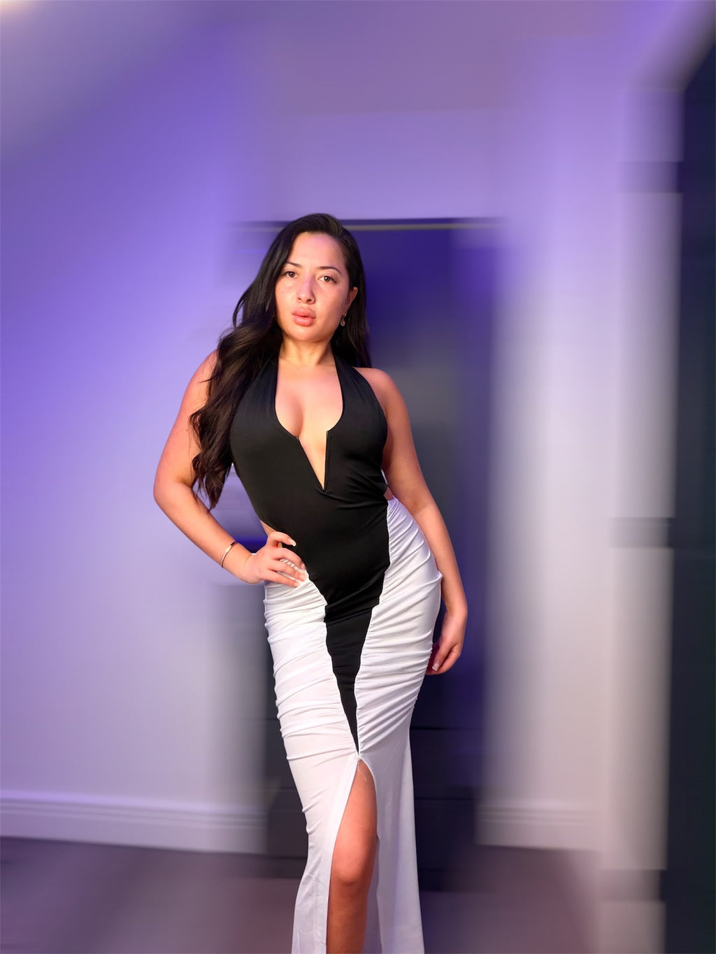 Black and White Plunge Neck Maxi Dress