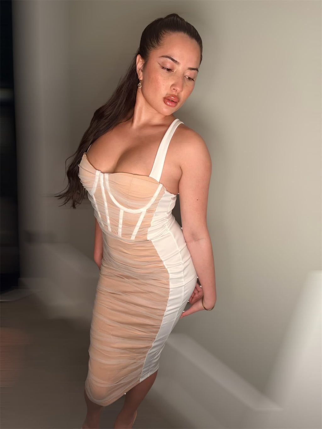 White Ruched Midi Dress