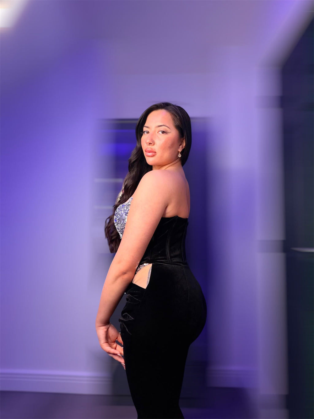 Black Velvet Sequin Strapless Gown Dress Size