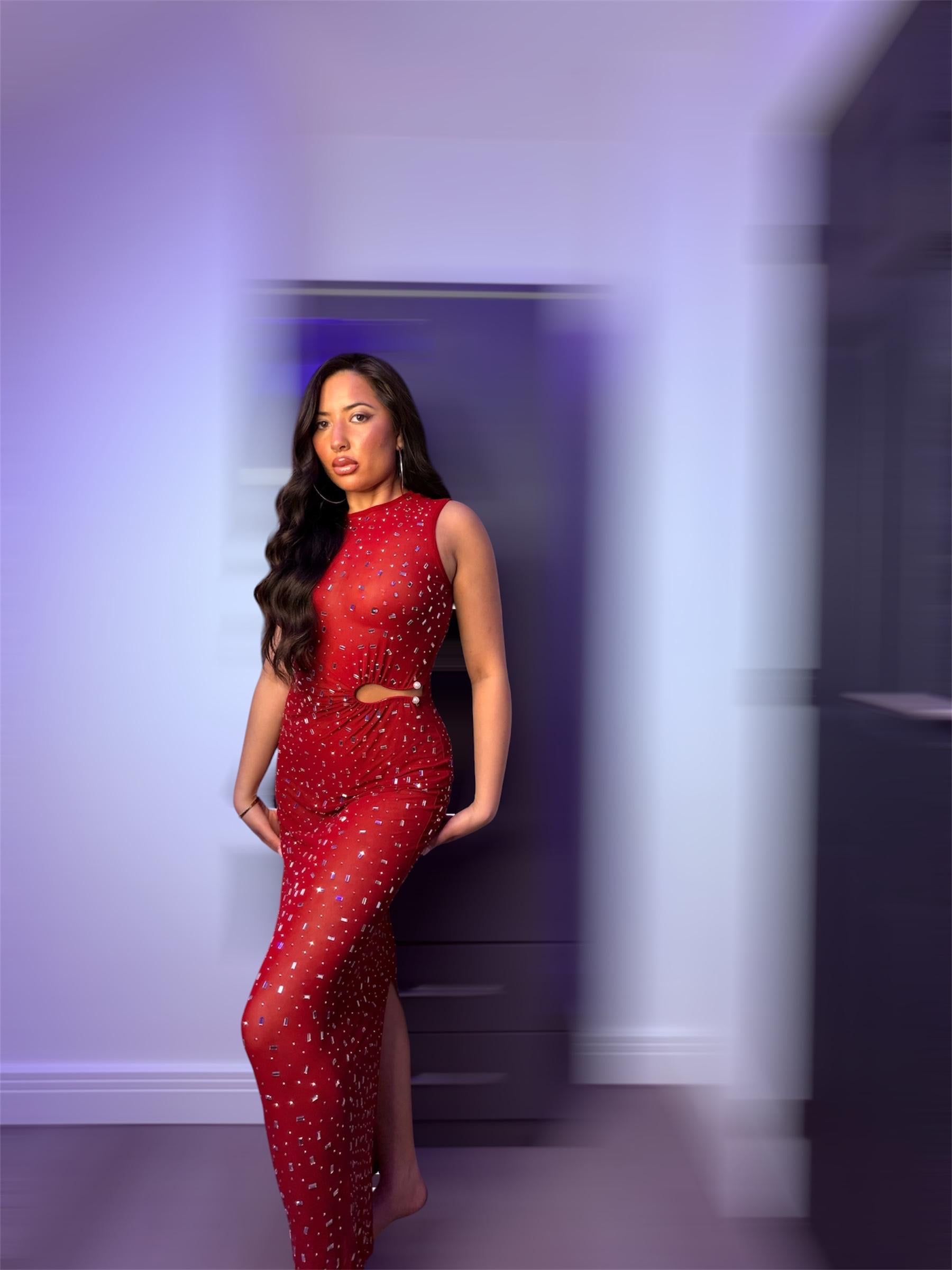 Red Sequin Body Con Maxi Dress