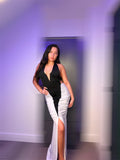 Black and White Plunge Neck Maxi Dress