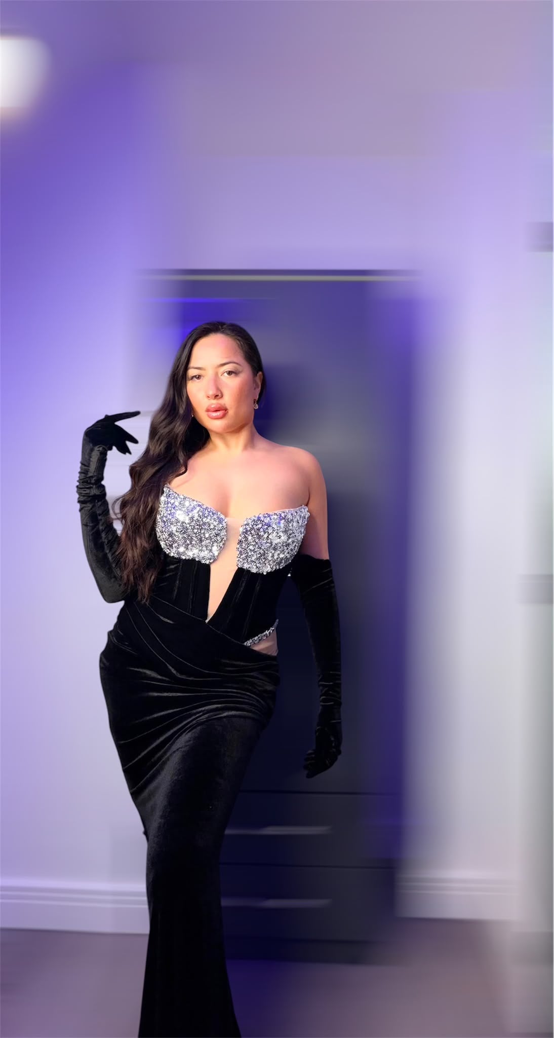 Black Velvet Sequin Strapless Gown Dress Size