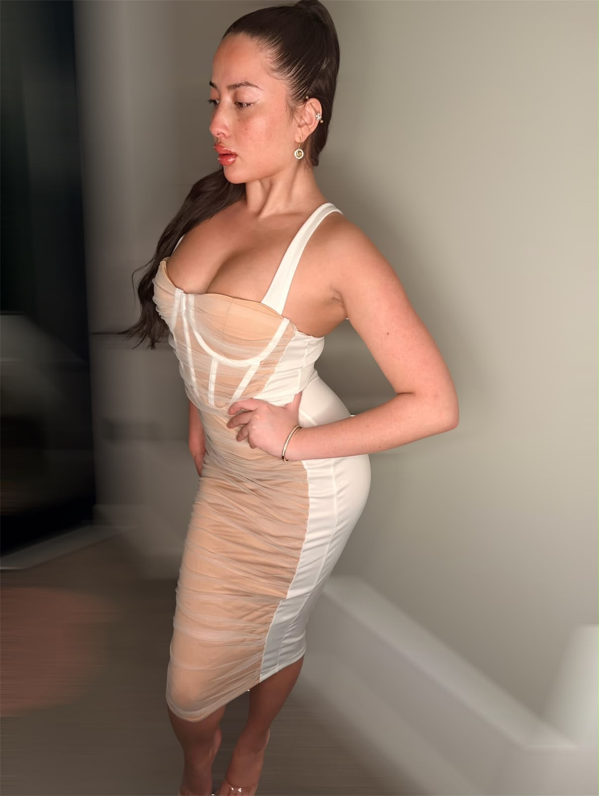 White Ruched Midi Dress