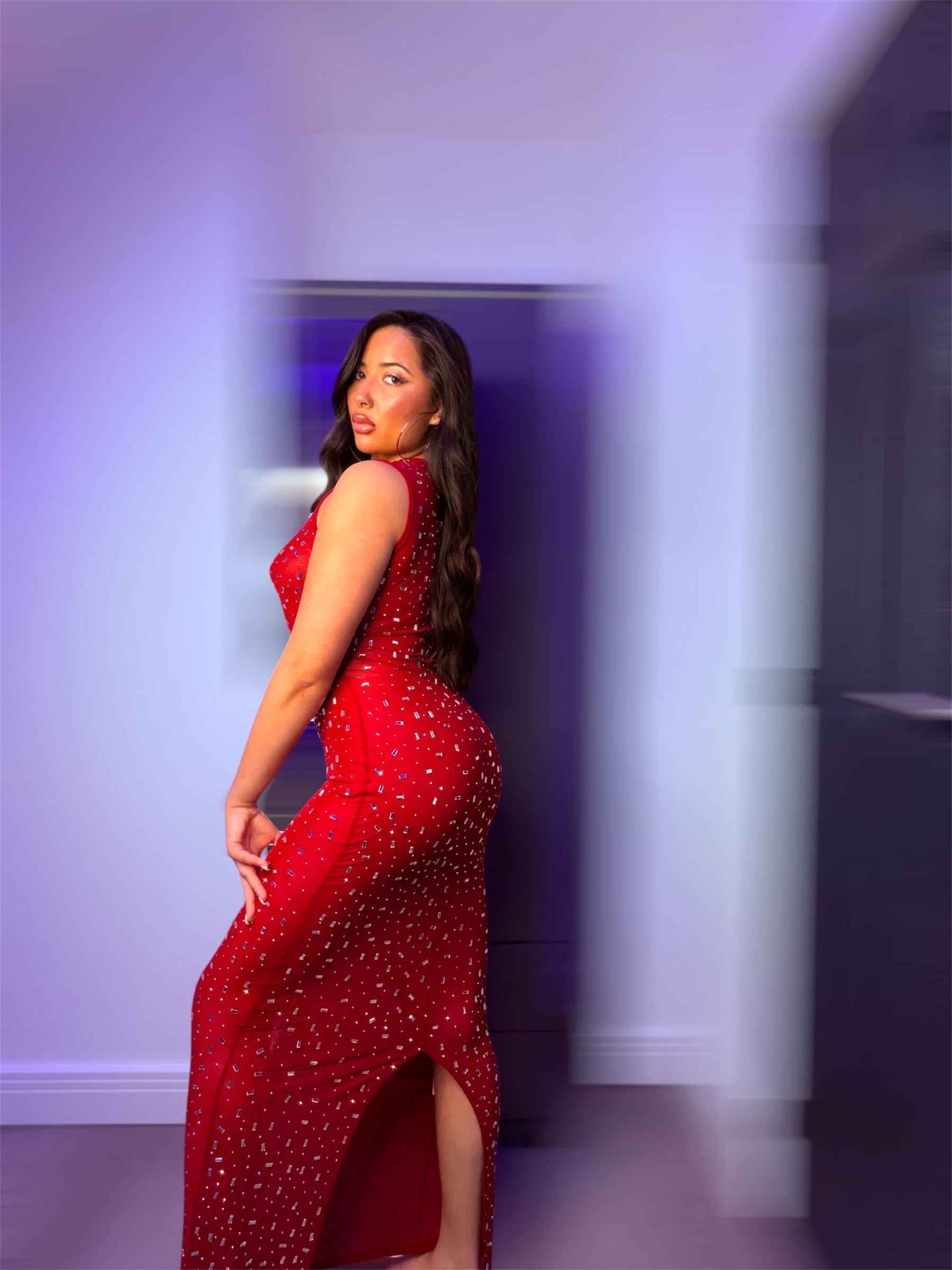 Red Sequin Body Con Maxi Dress